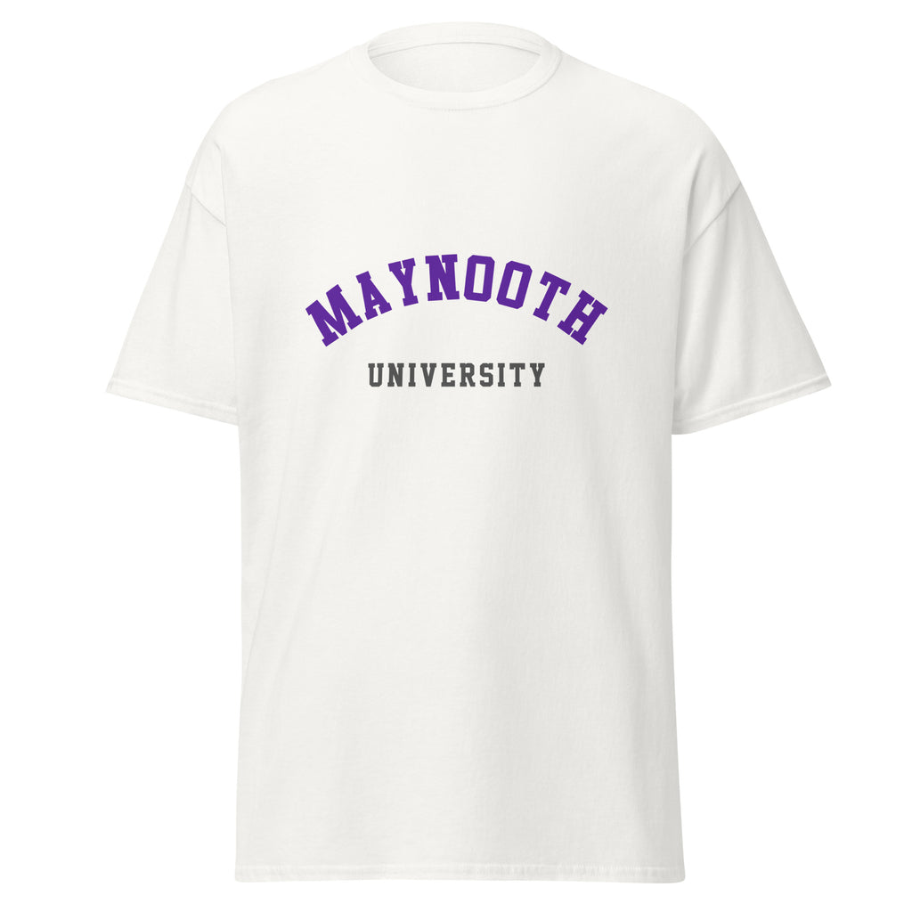 Unisex black t-shirt featuring Maynooth University logo printed across the front chest