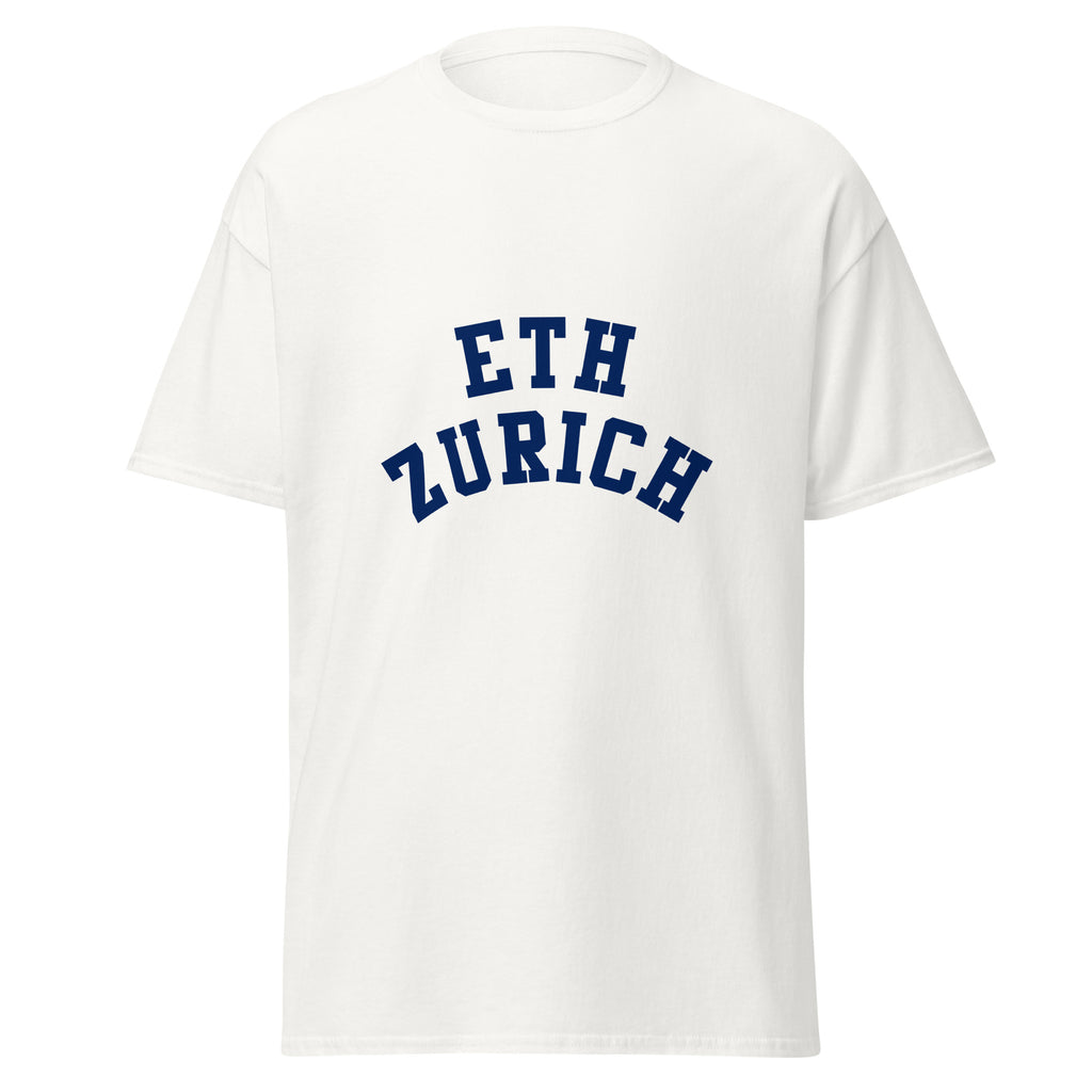 Unisex black t-shirt featuring ETH Zurich logo printed across the front chest