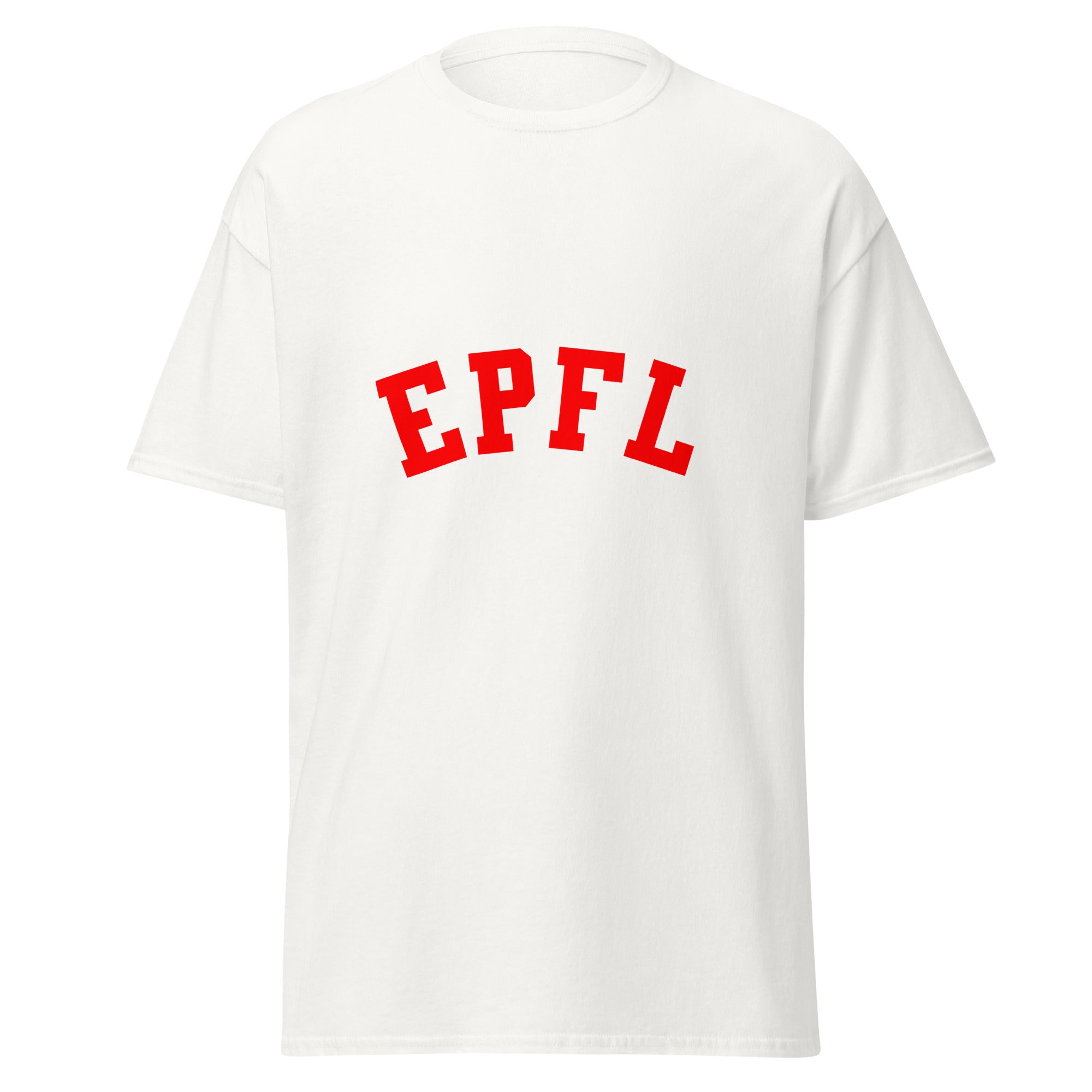 Unisex black t-shirt featuring EPFL logo printed across the front chest