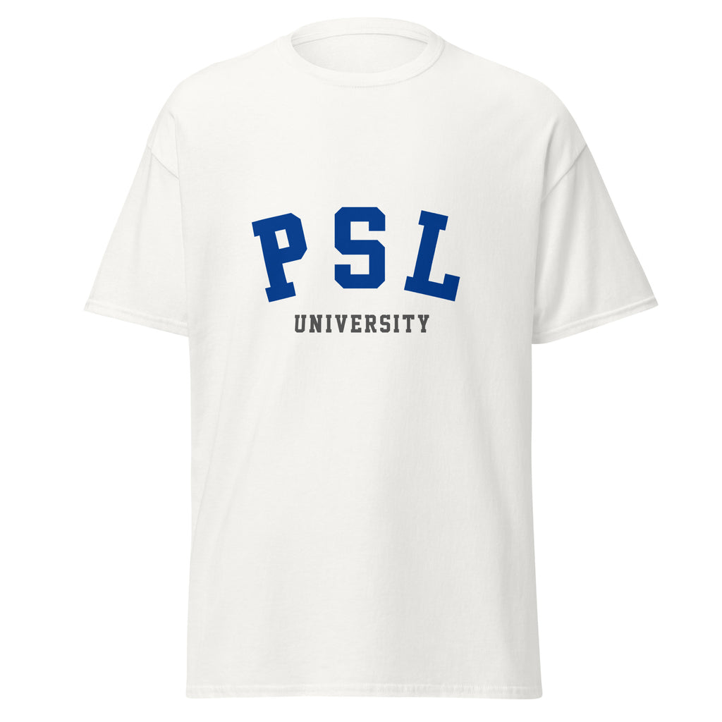 Unisex black t-shirt featuring Université PSL logo printed across the front chest