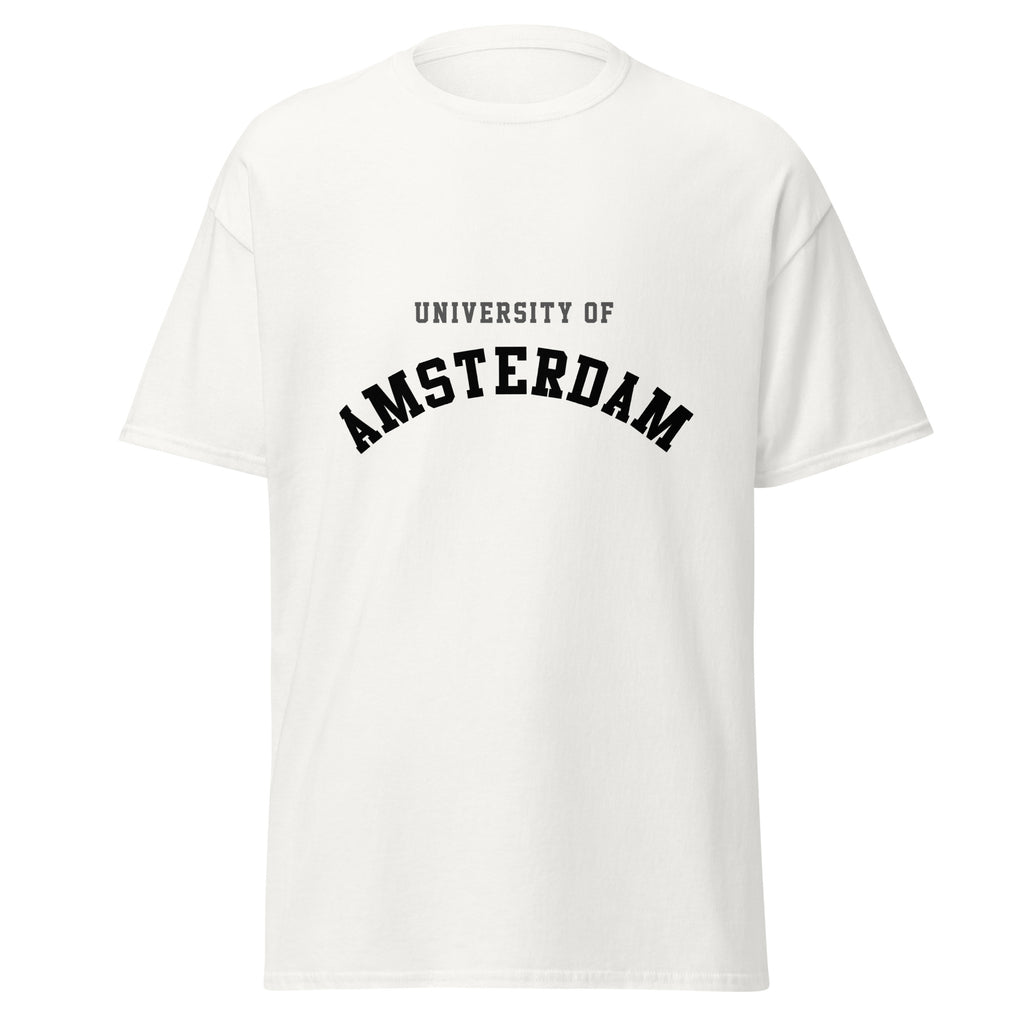 Unisex black t-shirt featuring University of Amsterdam logo printed across the front chest