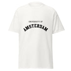 Unisex black t-shirt featuring University of Amsterdam logo printed across the front chest