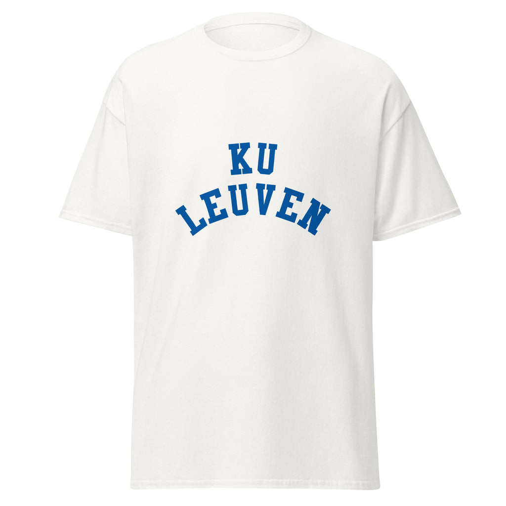 Unisex black t-shirt featuring KU Leuven logo printed across the front chest
