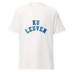 Unisex black t-shirt featuring KU Leuven logo printed across the front chest