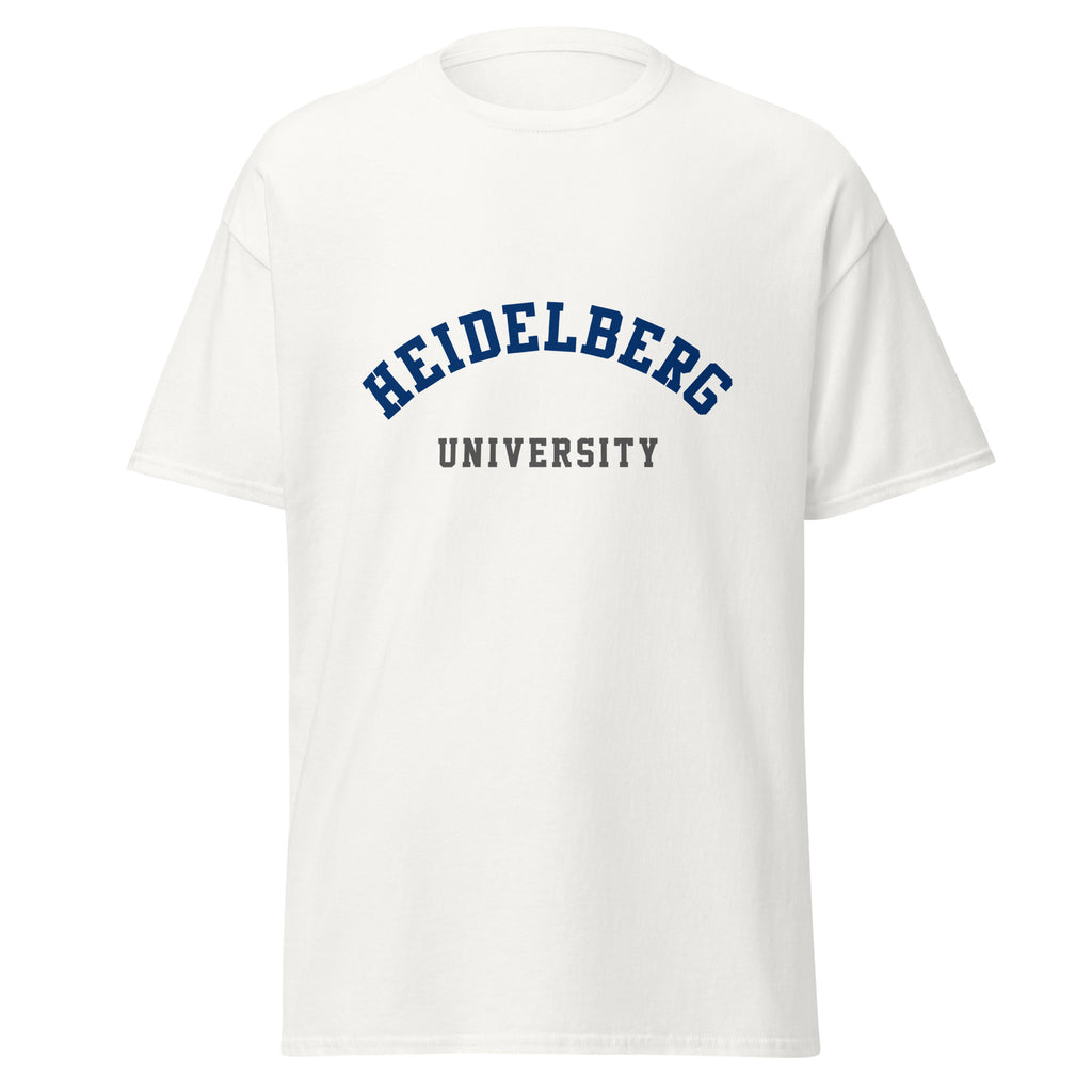 Unisex black t-shirt featuring Heidelberg University logo printed across the front chest