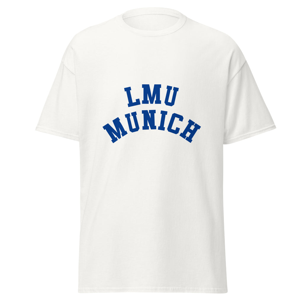Unisex black t-shirt featuring LMU Munich logo printed across the front chest