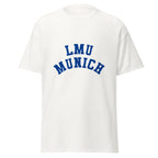 Unisex black t-shirt featuring LMU Munich logo printed across the front chest