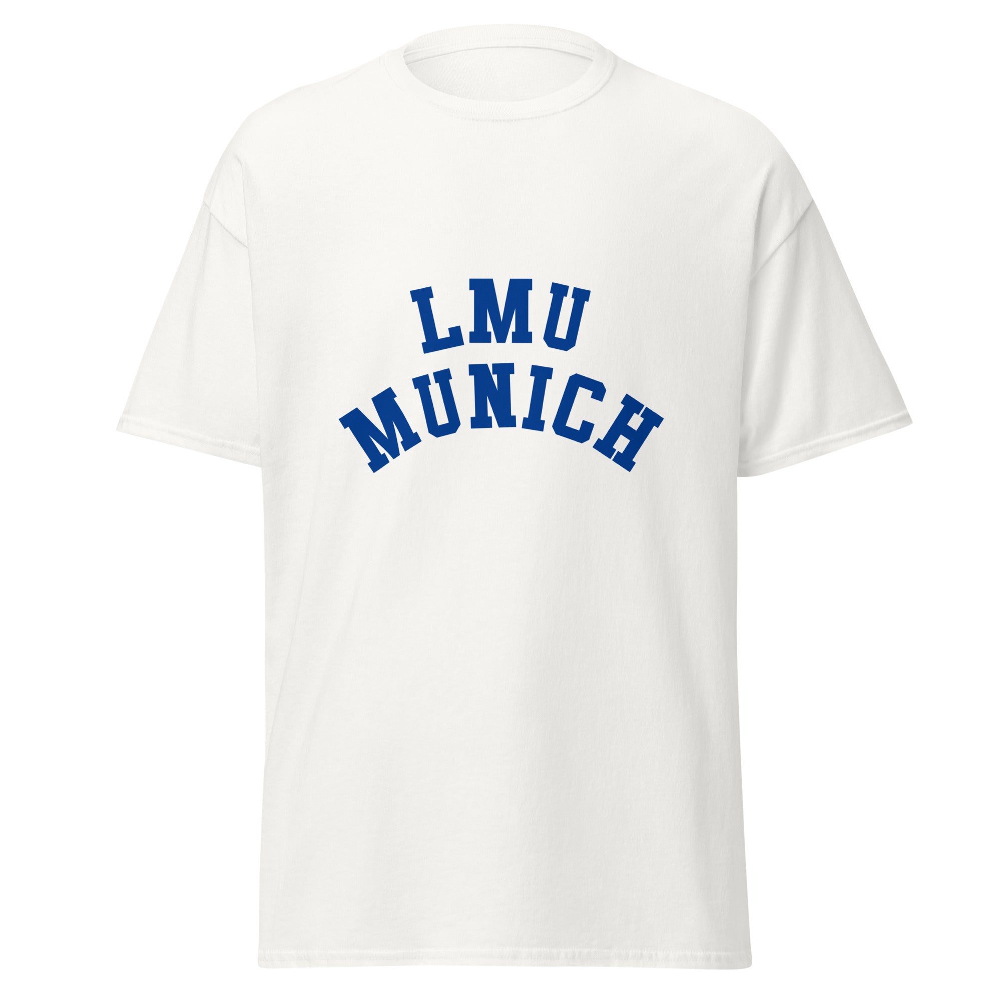 Unisex black t-shirt featuring LMU Munich logo printed across the front chest