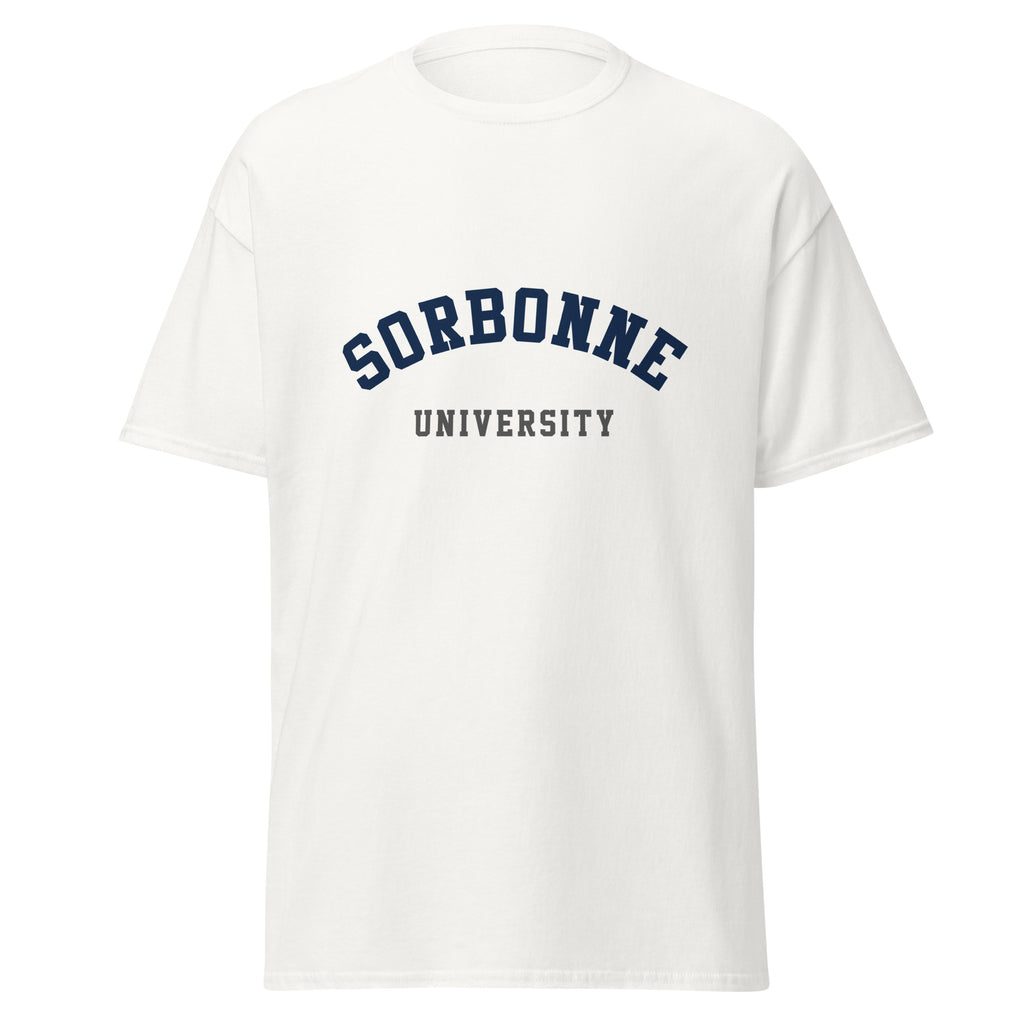 Unisex black t-shirt featuring Sorbonne University logo printed across the front chest