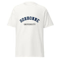 Unisex black t-shirt featuring Sorbonne University logo printed across the front chest