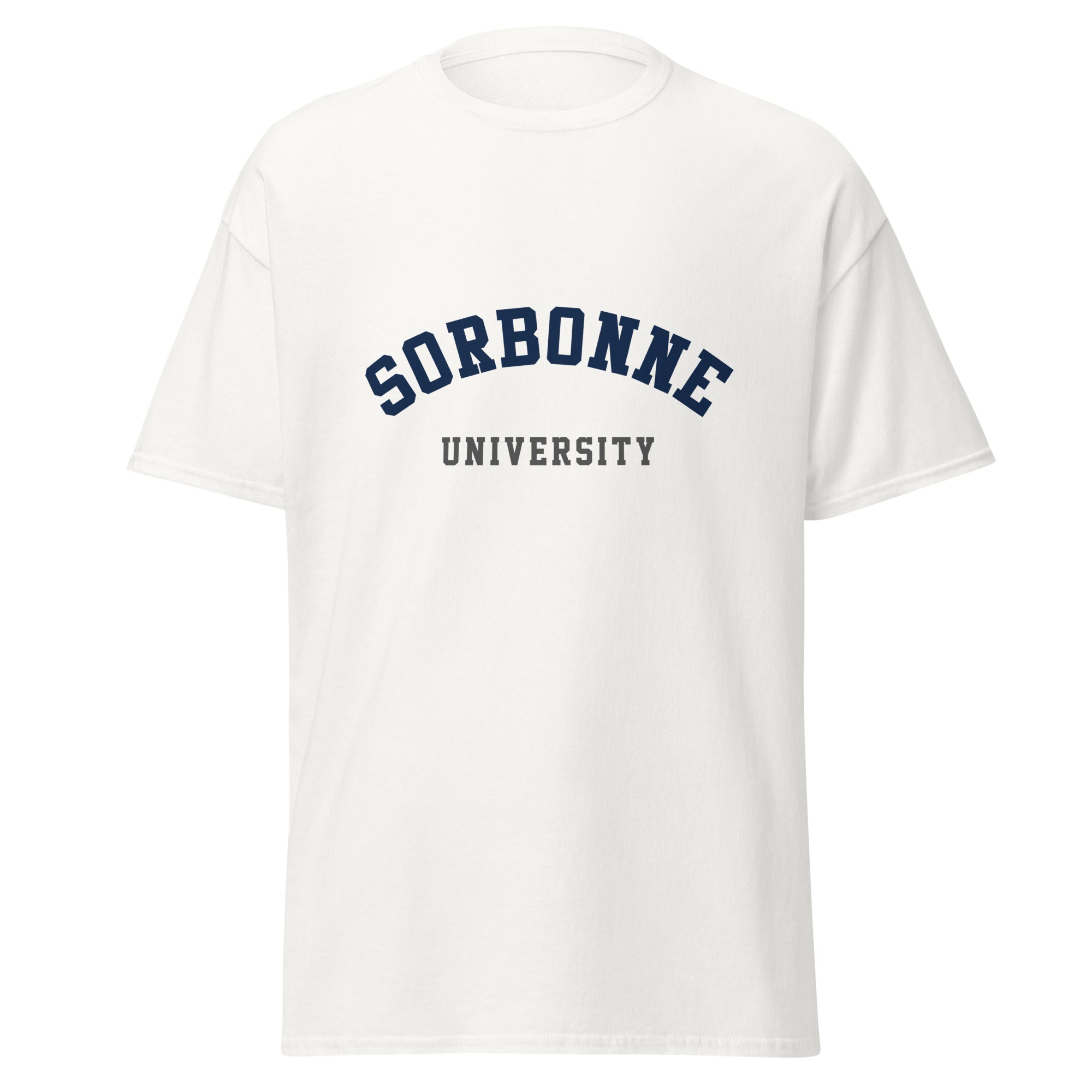 Unisex black t-shirt featuring Sorbonne University logo printed across the front chest