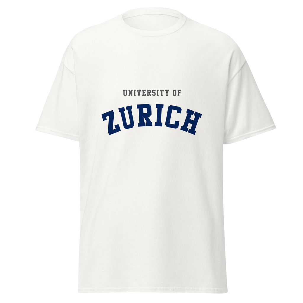 Unisex black t-shirt featuring University of Zurich logo printed across the front chest