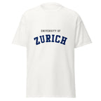 Unisex black t-shirt featuring University of Zurich logo printed across the front chest