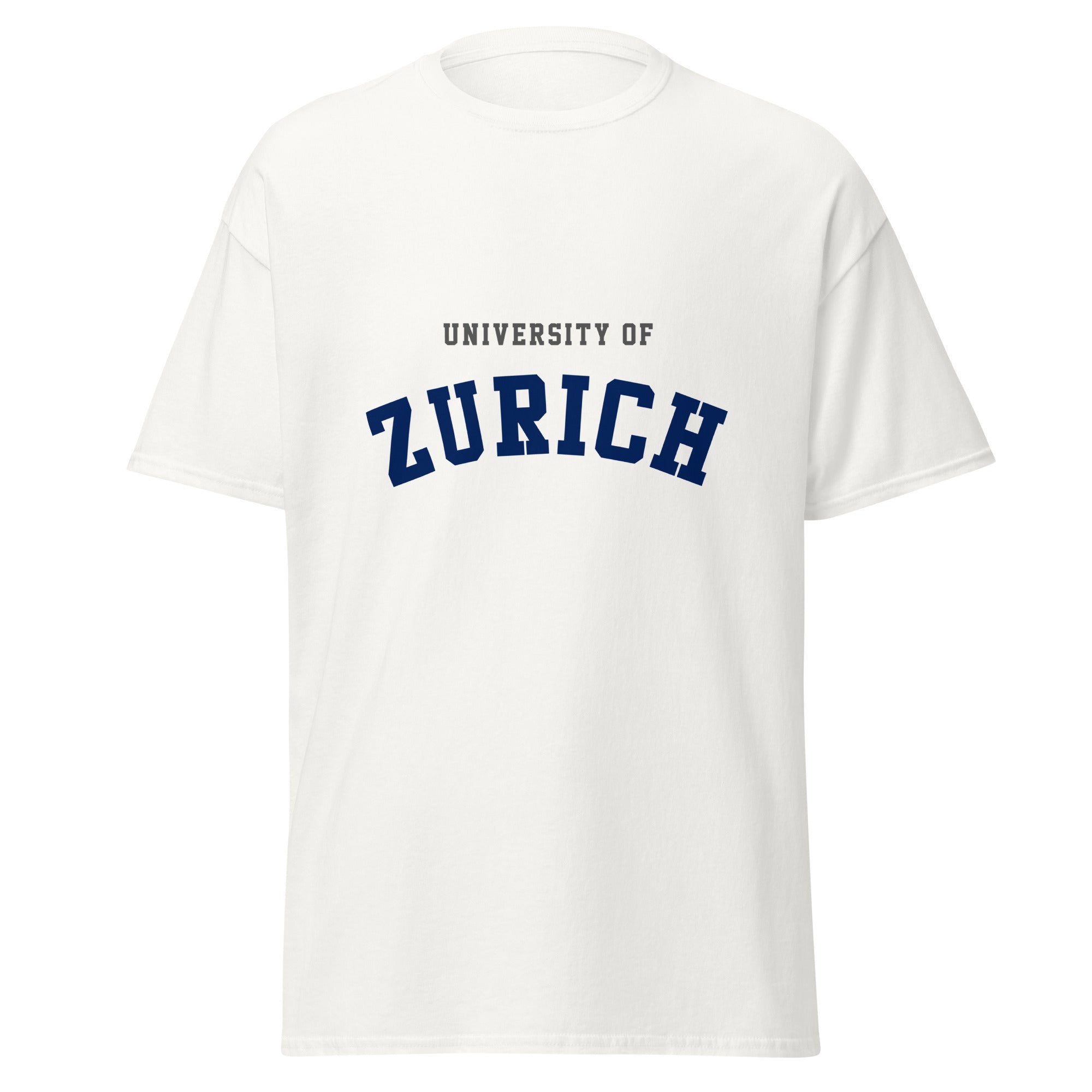 Unisex black t-shirt featuring University of Zurich logo printed across the front chest