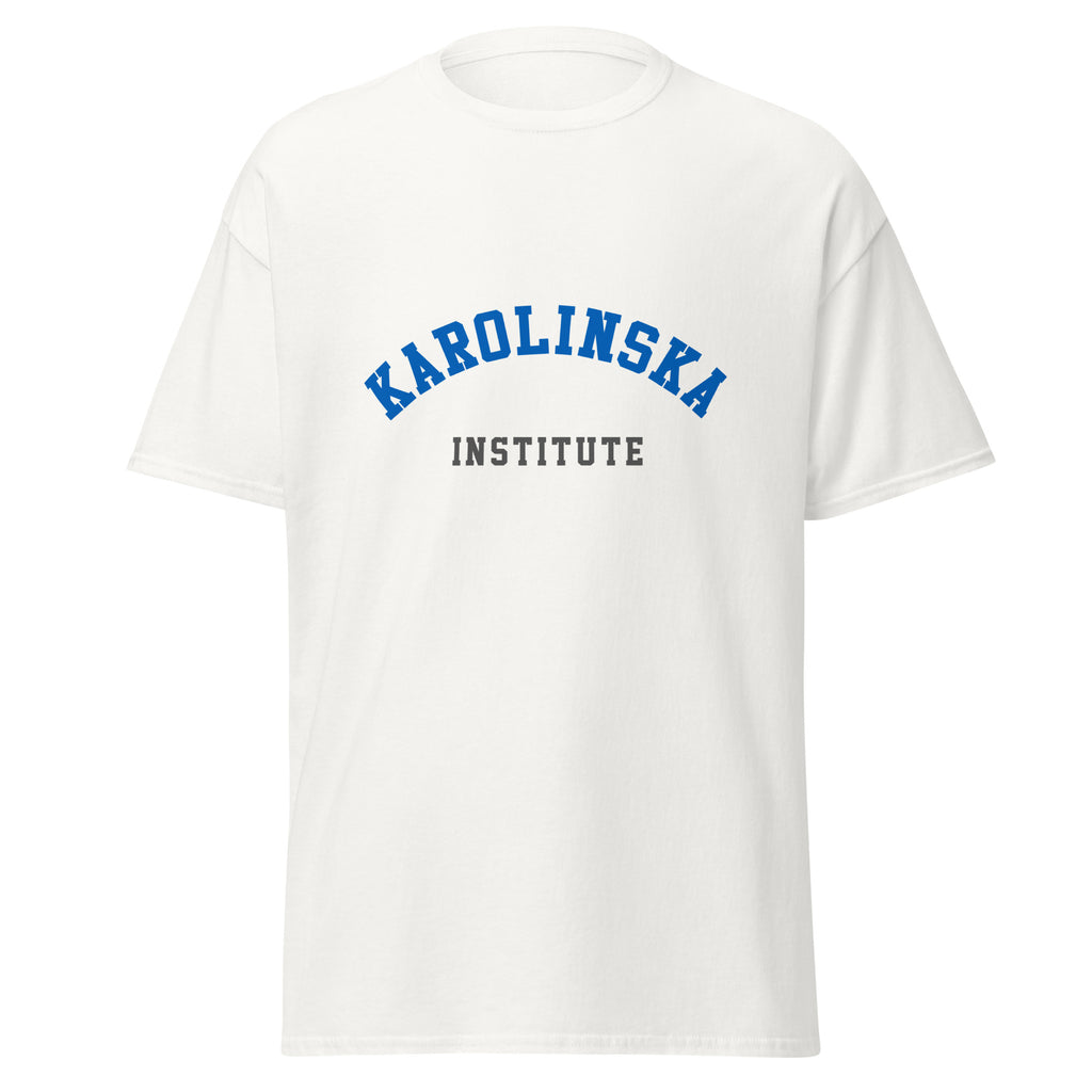 Unisex black t-shirt featuring Karolinska Institute logo printed across the front chest