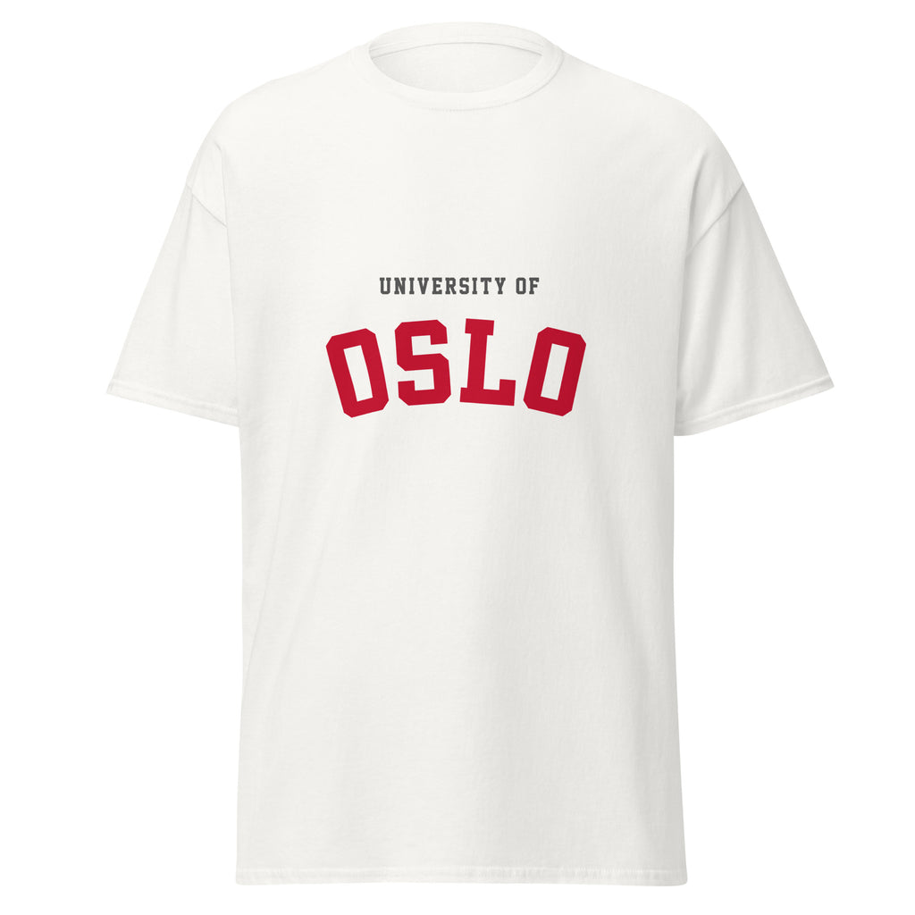 Unisex black t-shirt featuring University of Oslo logo printed across the front chest