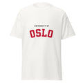 Unisex black t-shirt featuring University of Oslo logo printed across the front chest