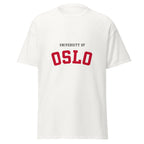 Unisex black t-shirt featuring University of Oslo logo printed across the front chest