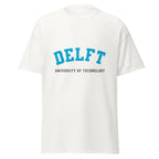 Unisex black t-shirt featuring Delft University of Technology logo printed across the front chest
