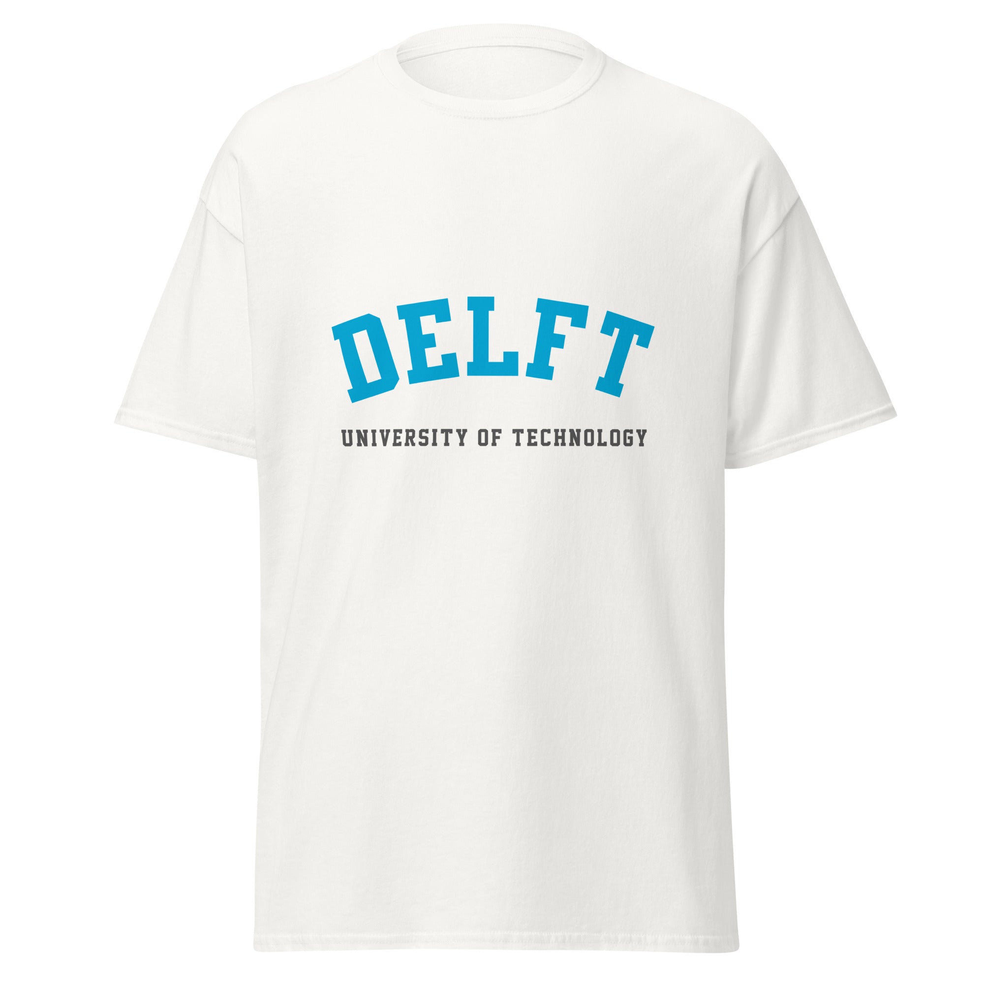 Unisex black t-shirt featuring Delft University of Technology logo printed across the front chest