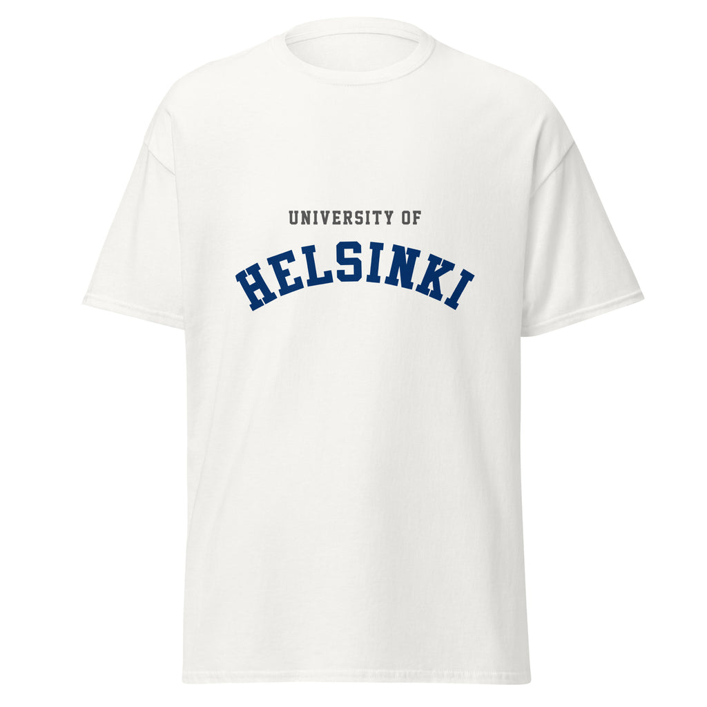 Unisex black t-shirt featuring University of Helsinki logo printed across the front chest