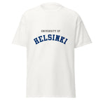 Unisex black t-shirt featuring University of Helsinki logo printed across the front chest