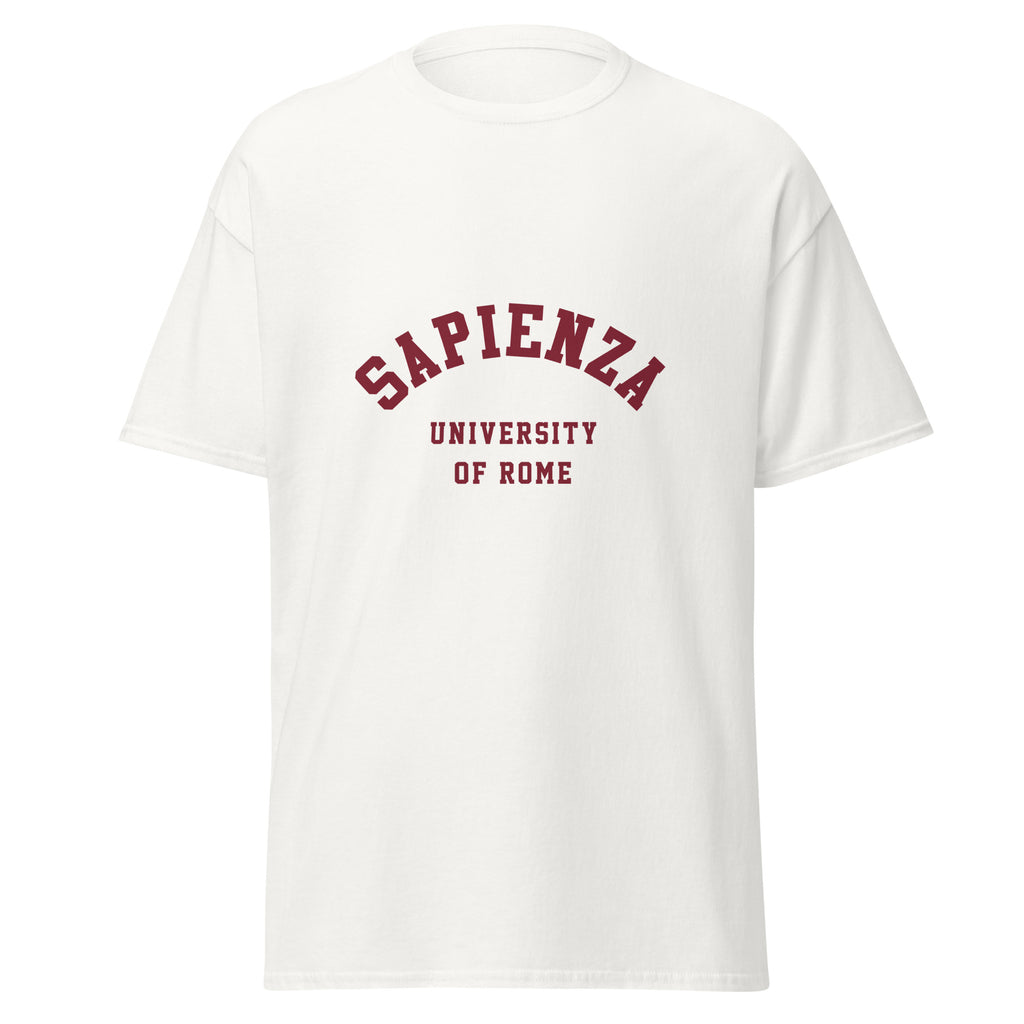 Unisex black t-shirt featuring Sapienza University of Rome logo printed across the front chest