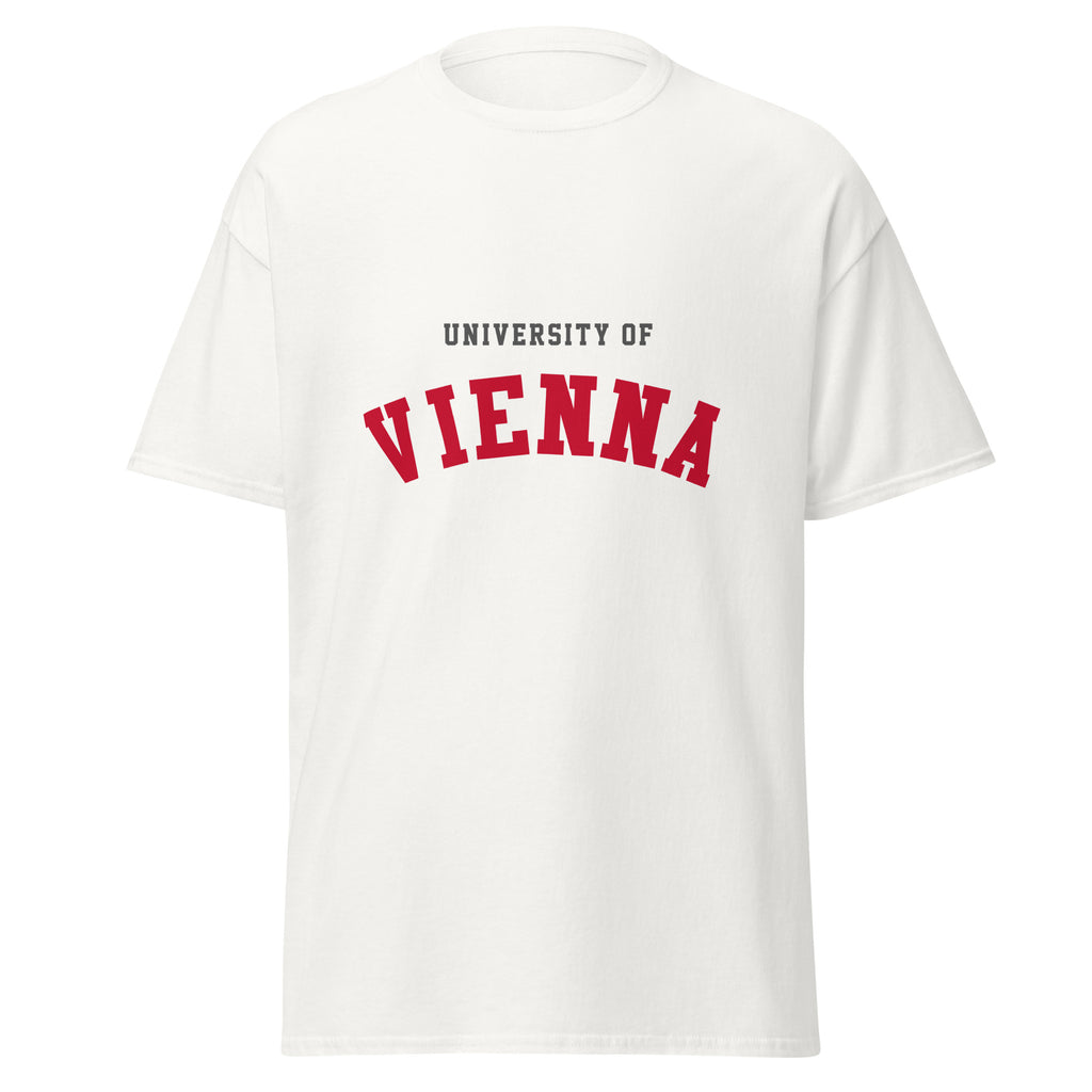 Unisex black t-shirt featuring University of Vienna logo printed across the front chest