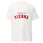 Unisex black t-shirt featuring University of Vienna logo printed across the front chest