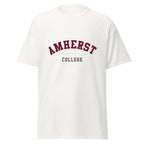Unisex black t-shirt featuring Amherst College logo printed across the front chest