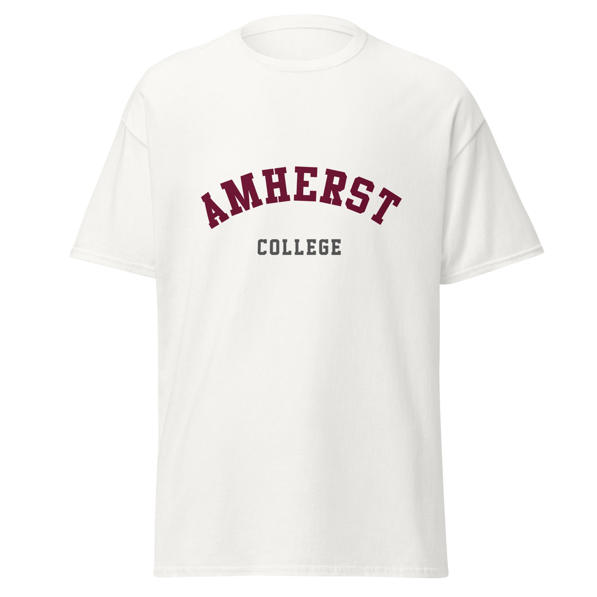 Unisex black t-shirt featuring Amherst College logo printed across the front chest