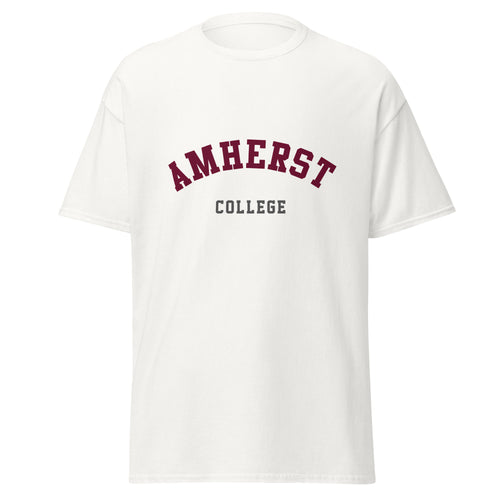 Unisex black t-shirt featuring Amherst College logo printed across the front chest