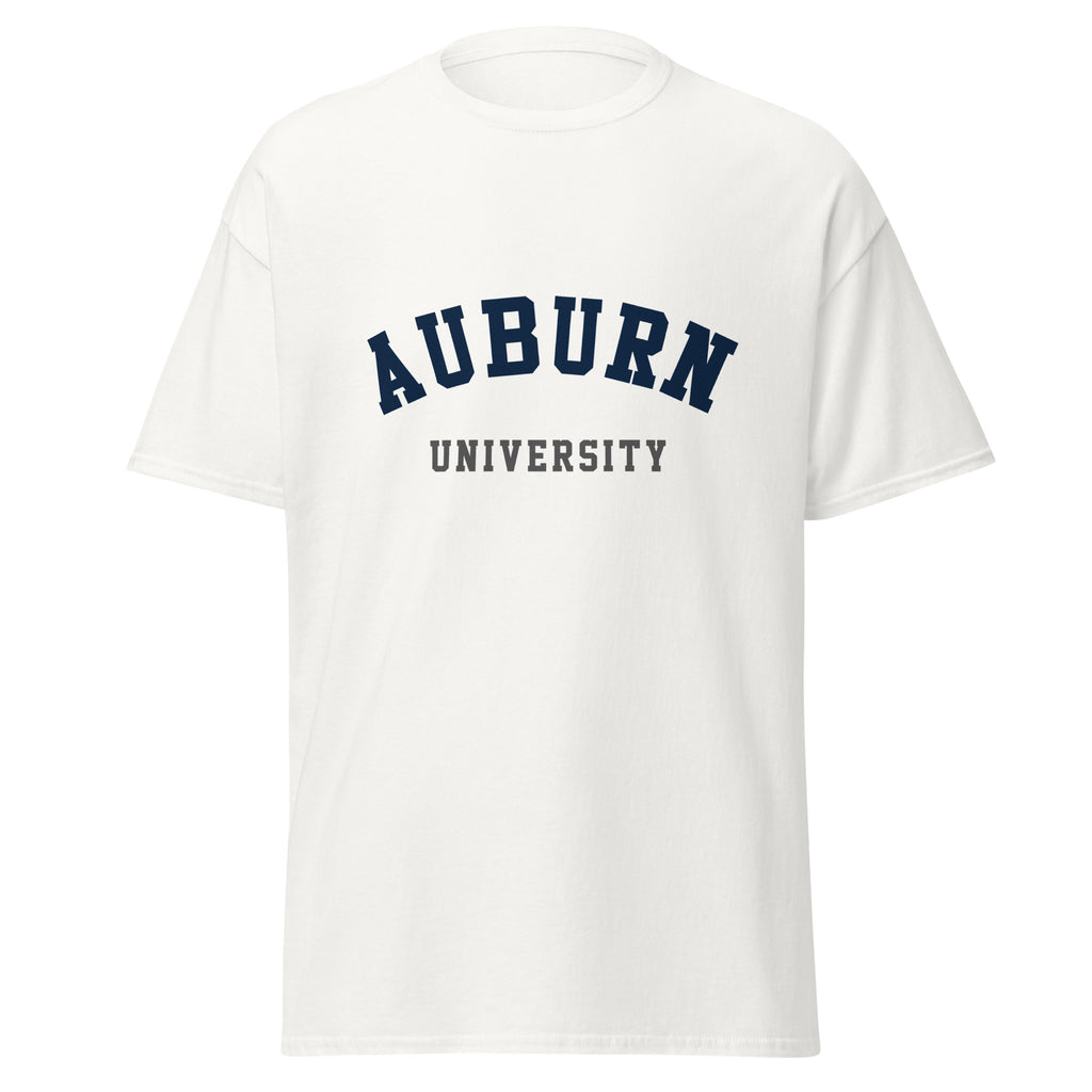 Unisex black t-shirt featuring Auburn University logo printed across the front chest