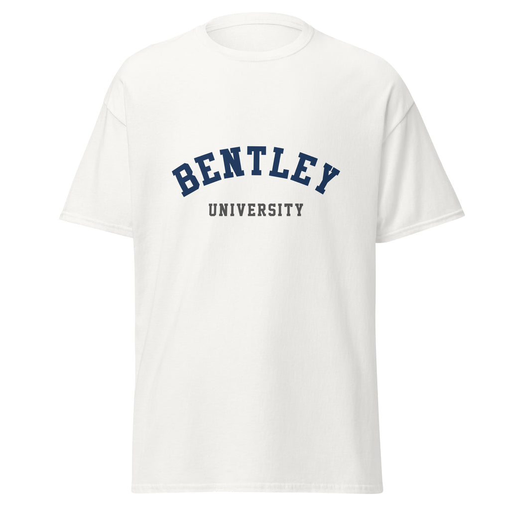 Unisex black t-shirt featuring Bentley University logo printed across the front chest