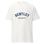 Unisex black t-shirt featuring Bentley University logo printed across the front chest