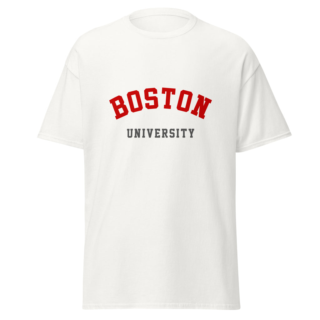 Unisex black t-shirt featuring Boston University logo printed across the front chest