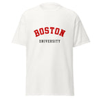 Unisex black t-shirt featuring Boston University logo printed across the front chest