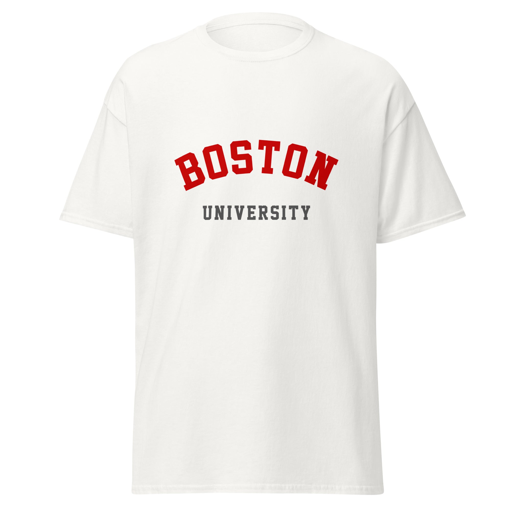 Unisex black t-shirt featuring Boston University logo printed across the front chest