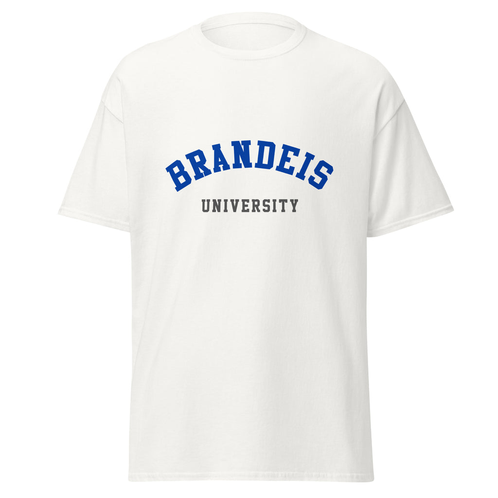 Unisex black t-shirt featuring Brandeis University logo printed across the front chest
