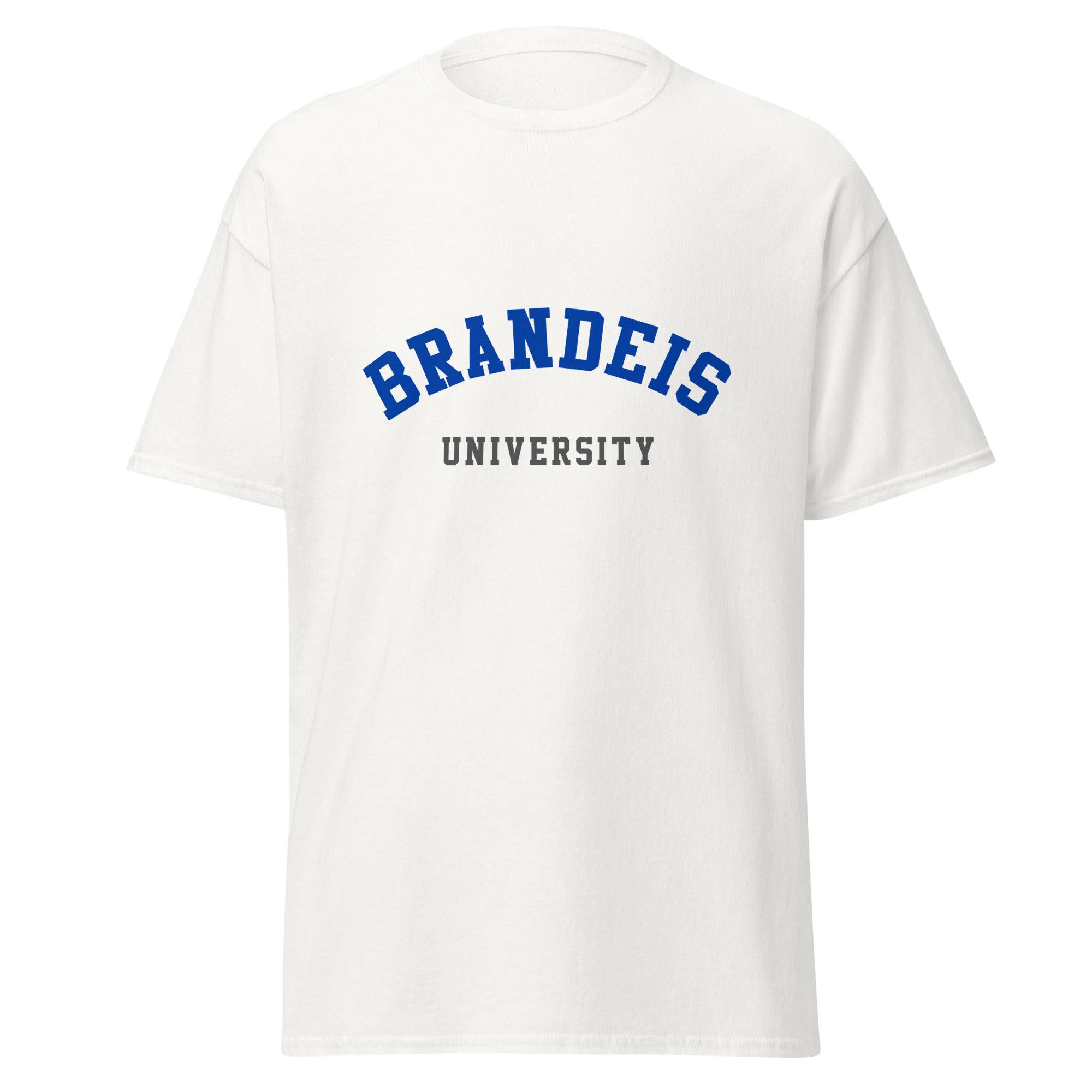 Unisex black t-shirt featuring Brandeis University logo printed across the front chest