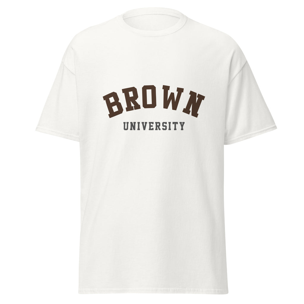 Unisex black t-shirt featuring Brown University logo printed across the front chest