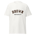 Unisex black t-shirt featuring Brown University logo printed across the front chest