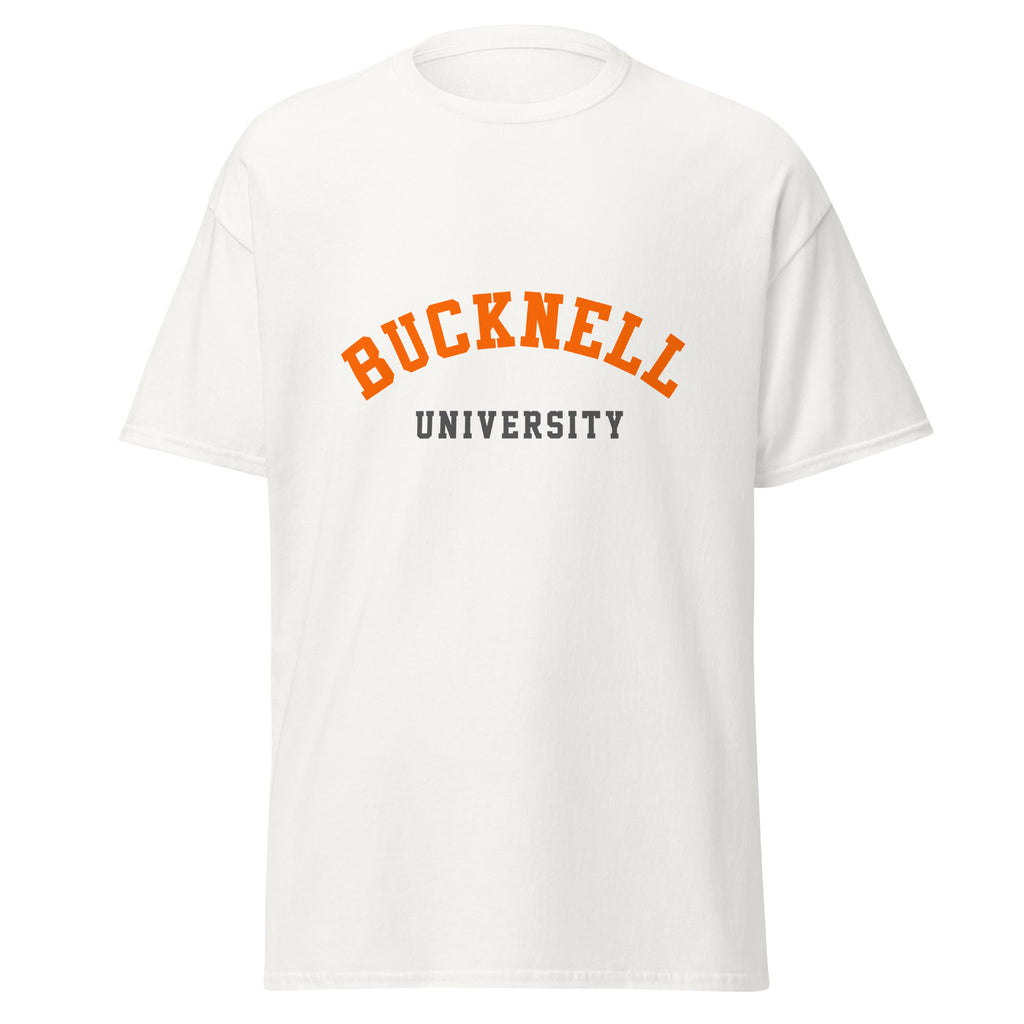 Unisex black t-shirt featuring Bucknell University logo printed across the front chest