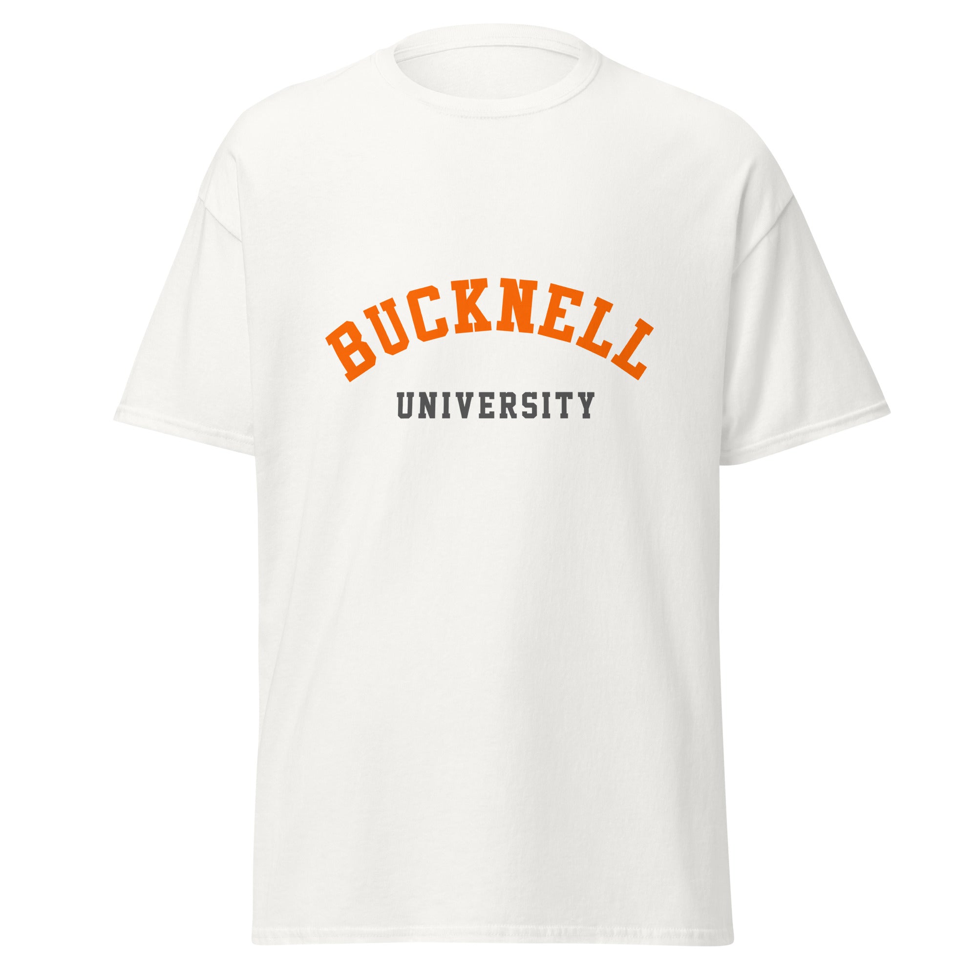 Unisex black t-shirt featuring Bucknell University logo printed across the front chest