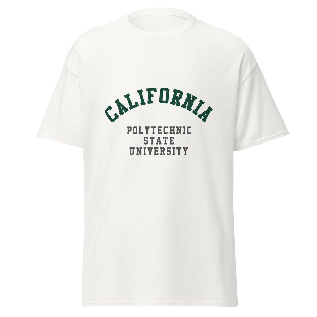 Unisex black t-shirt featuring California Polytechnic State University logo printed across the front chest