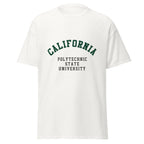 Unisex black t-shirt featuring California Polytechnic State University logo printed across the front chest