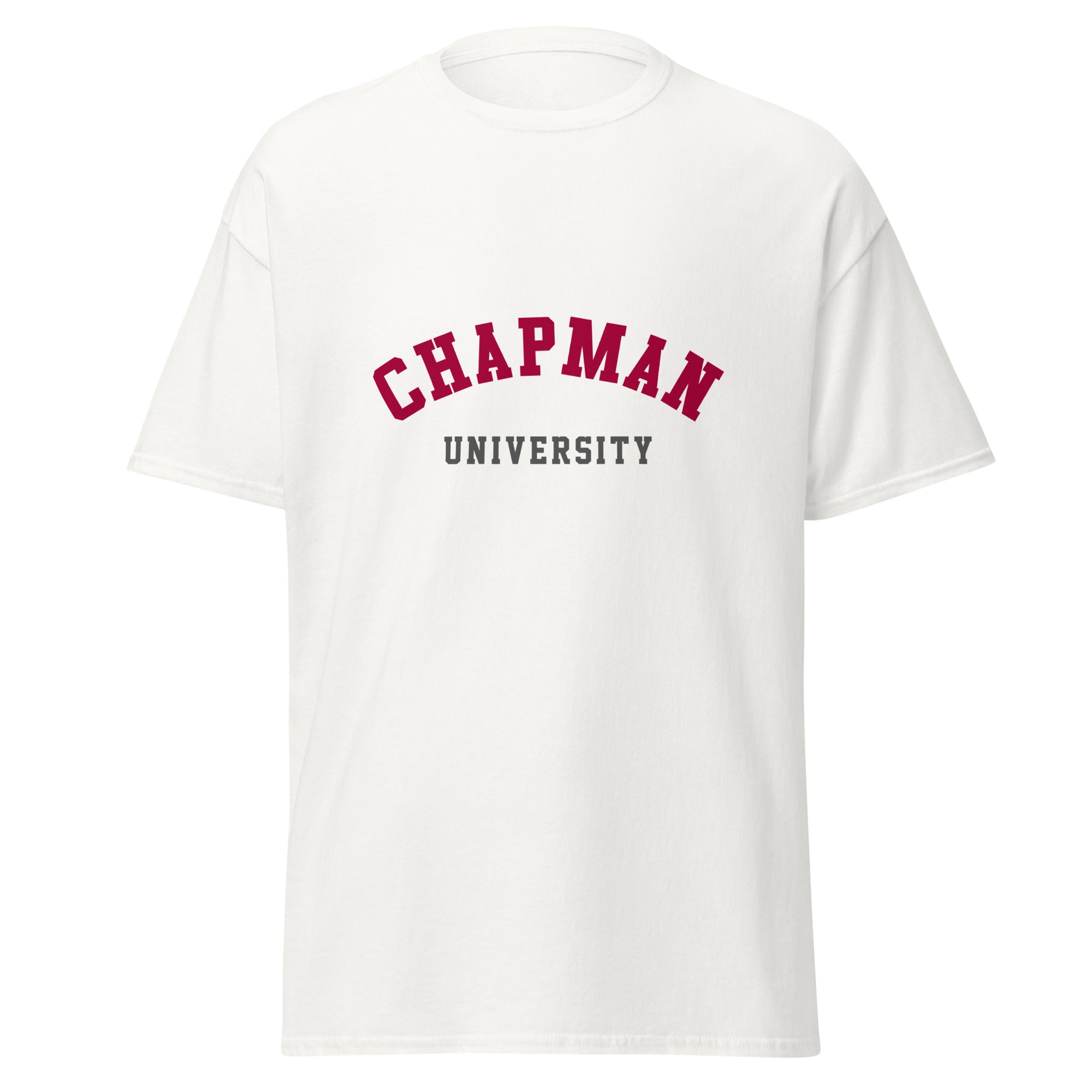 Unisex black t-shirt featuring Chapman University logo printed across the front chest