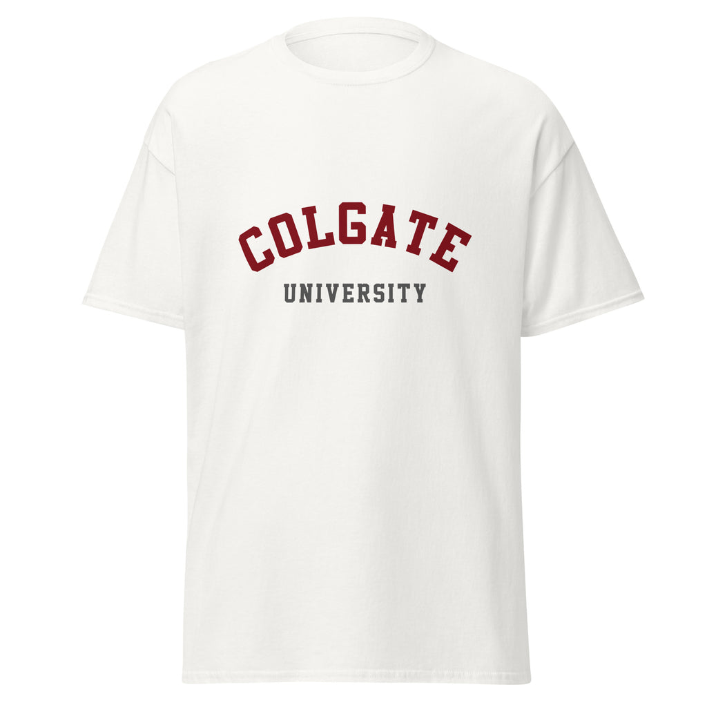 Unisex black t-shirt featuring Colgate University logo printed across the front chest