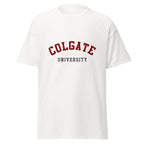 Unisex black t-shirt featuring Colgate University logo printed across the front chest