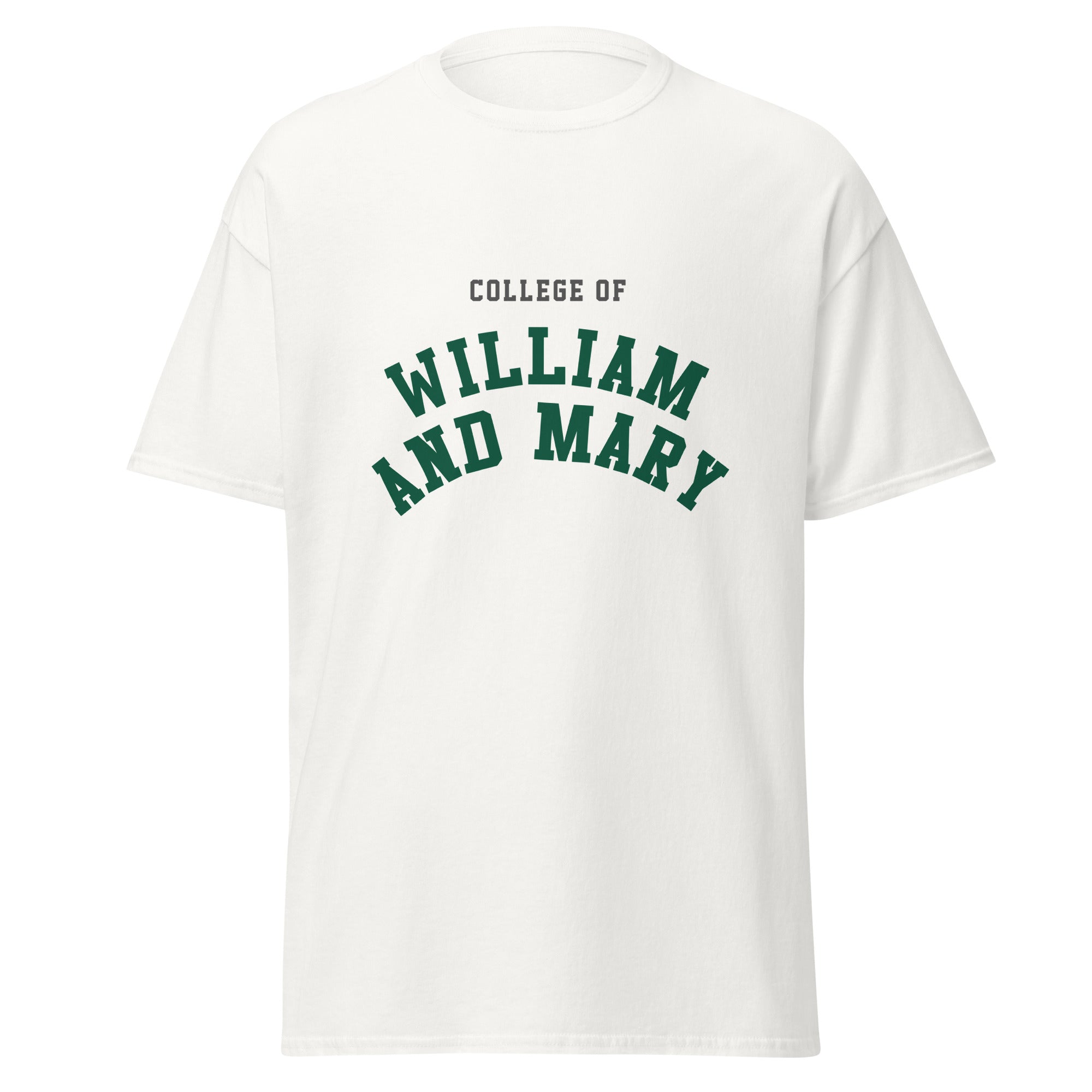 Unisex black t-shirt featuring College of William & Mary logo printed across the front chest